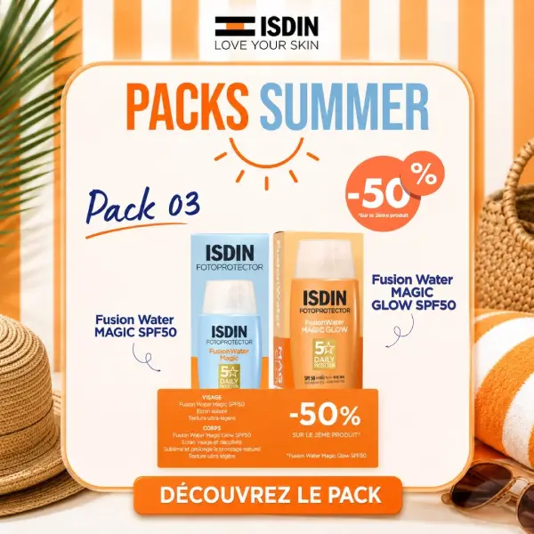 pack isdin fusion water magic spf 50 contenant le fluide invisible 50ml et le fluide magic glow à moitié prix