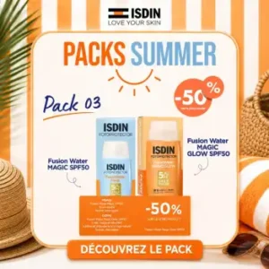 pack isdin fusion water magic spf 50 contenant le fluide invisible 50ml et le fluide magic glow à moitié prix