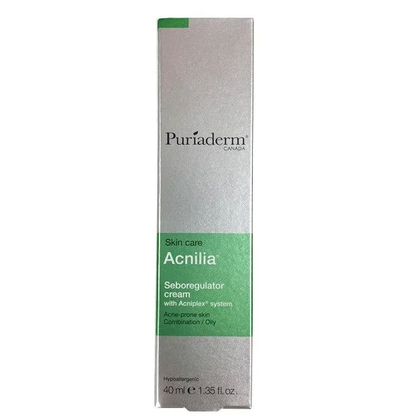 Tube de Puriaderm Acnilia Crème Sébo-Régulatrice de 40ml pour peaux mixtes à grasses et à tendance acnéique.