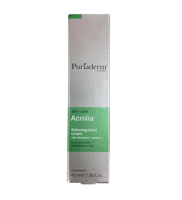 Tube de Puriaderm Acnilia Crème Sébo-Régulatrice de 40ml pour peaux mixtes à grasses et à tendance acnéique.