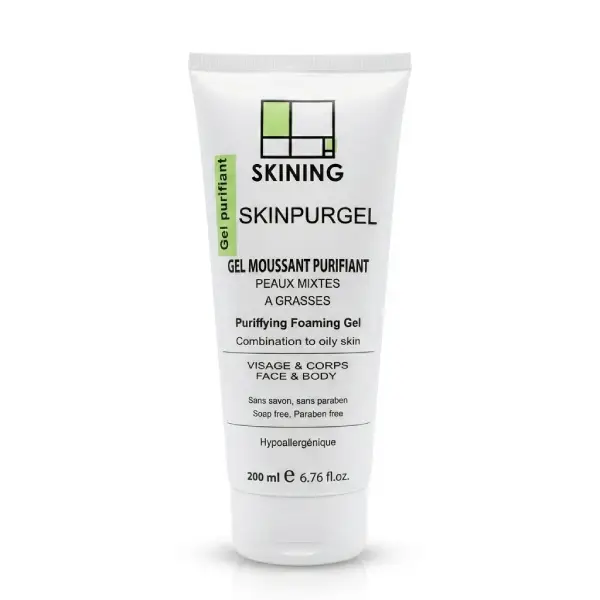 Skining Skinpurgel 200ml en flacon, gel nettoyant moussant et purifiant sans savon pour peaux mixtes à grasses sujet aux imperfections