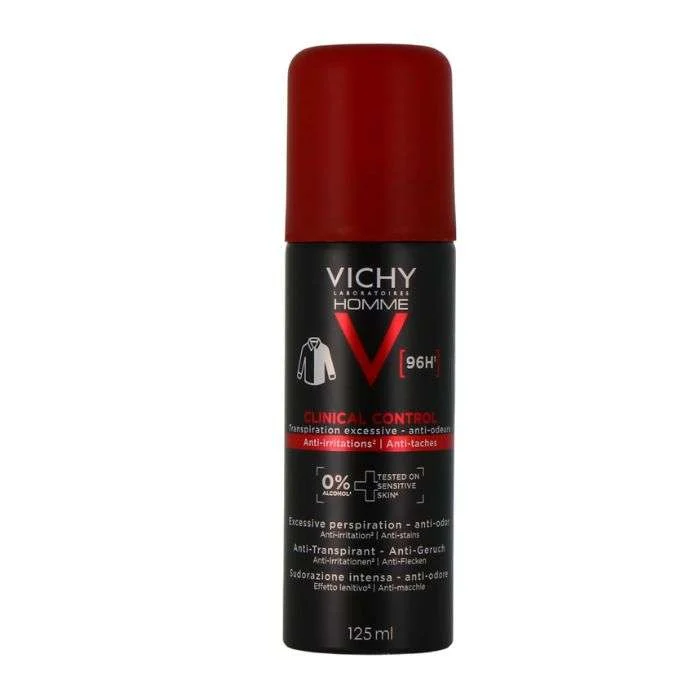 Flacon aérosol vichy homme clinical control 96h deodorant spray 125ml pour une protection maximale contre la transpiration
