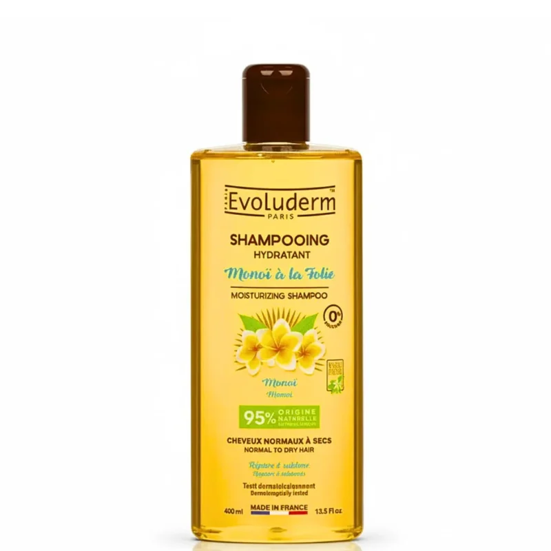 Evoluderm-Shampo-Monoi-a-La-Folie-400ml Evoluderm Shampoing Hydratant Monoï à la Folie 400 ml shampoing nourrissant et protecteur pour cheveux secs