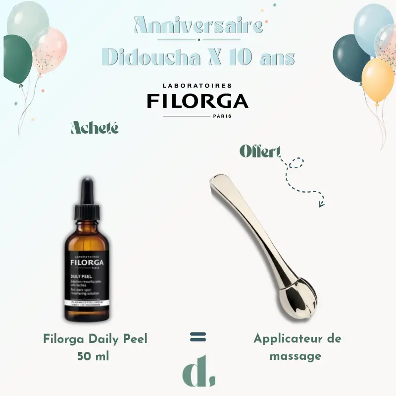 Filorga Daily Peel 50 ml solution resurfaçante anti-taches avec applicateur de massage offert offre anniversaire Didoucha 10 ans en Parapharmacie