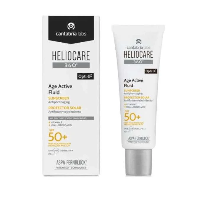 Flacon de fluide solaire anti-âge Heliocare 360 Age Active Fluid SPF50 50ml.