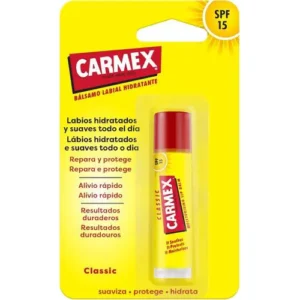 Tube de baume à lèvres jaune et rouge Carmex Stick Classic SPF 15 pour le soin des lèvres gercées