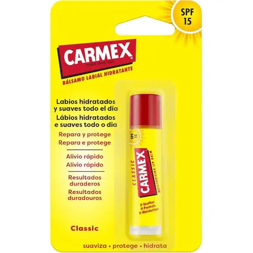 Tube de baume à lèvres jaune et rouge Carmex Stick Classic SPF 15 pour le soin des lèvres gercées