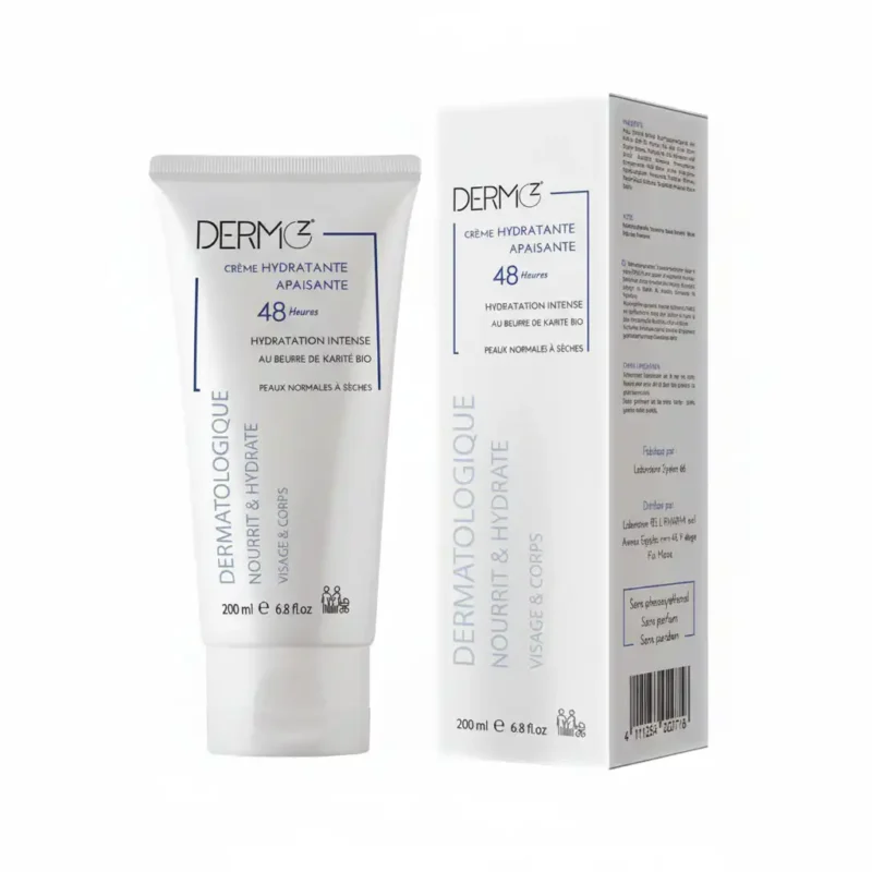 Tube de 50ml de DERMOZ Creme Hydratante Apaisante 48h, soin visage hydratant et réconfortant pour peaux réactives