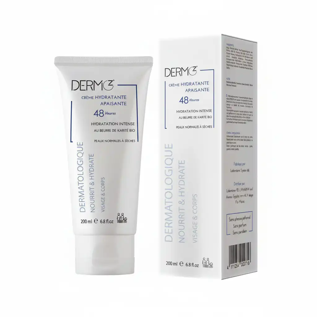 Tube de 50ml de DERMOZ Creme Hydratante Apaisante 48h, soin visage hydratant et réconfortant pour peaux réactives