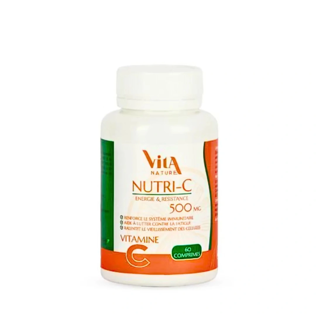 Flacon de 60 comprimés Vita Nature Nutri-C 500mg à libération prolongée.
