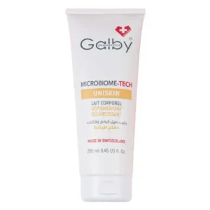 Flacon 250ml du Lait Corporel Dépigmentant Éclaircissant Galby Uniskin Microbiome Tech.