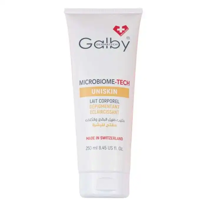 Flacon 250ml du Lait Corporel Dépigmentant Éclaircissant Galby Uniskin Microbiome Tech.