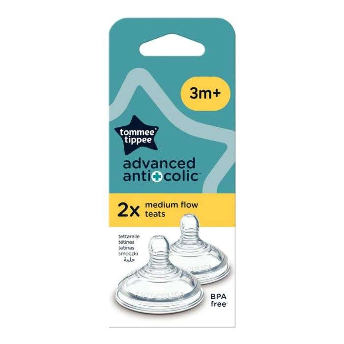 Lot de 2 tétines débit moyen anti-colique Advanced 3m+ Tommee Tippee en silicone.