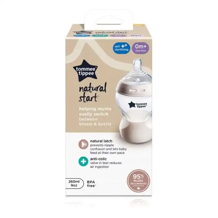 Biberon anti-colique Tommee Tippee Natural Start Blanc 260 ml 0m+ avec tétine imitation sein.