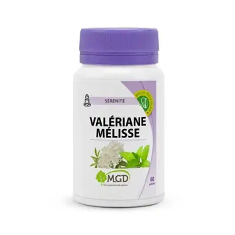 Flacon de 60 gélules MGD Valériane et Mélisse pour favoriser le sommeil et la relaxation.