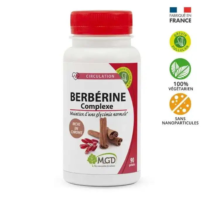 Boîte de 90 gélules MGD Berberine Complexe pour réguler la glycémie.