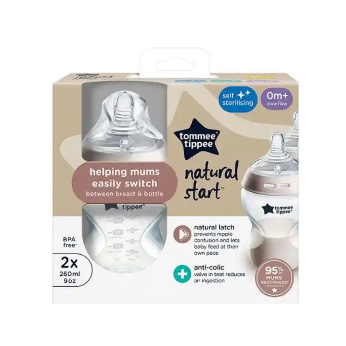 Lot de 2 biberons anti-colique Tommee Tippee Natural Start 260 ml 0m+ avec tétine souple imitation sein.