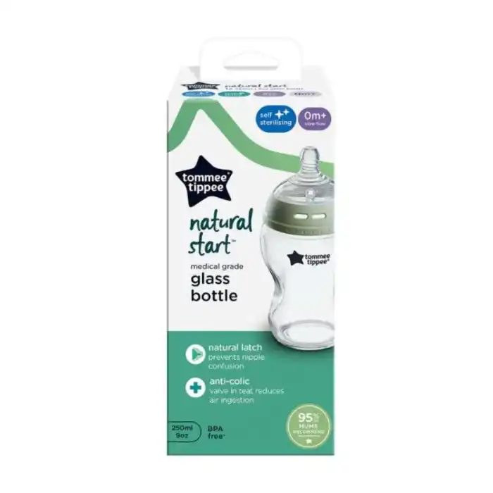 Biberon anti-colique en verre borosilicate Tommee Tippee Natural Start 250 ml dès la naissance.