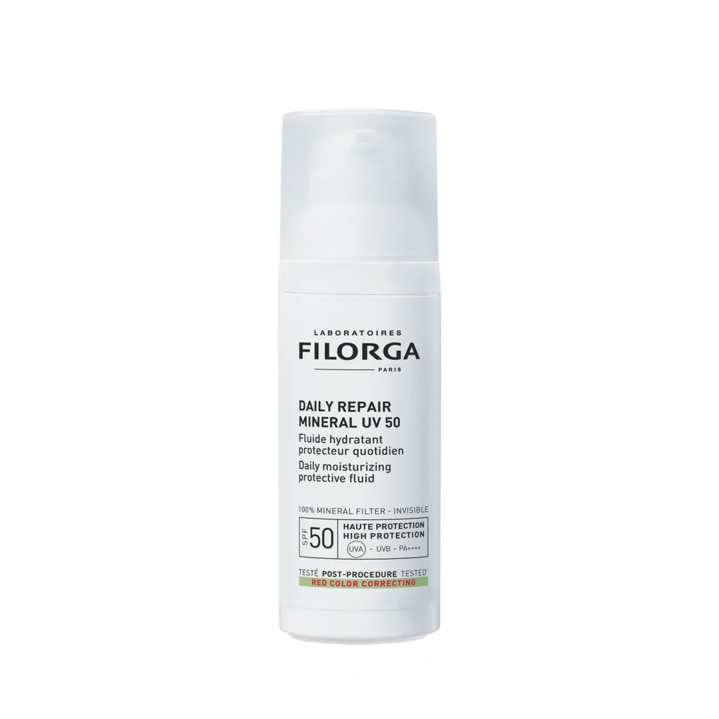 Flacon pompe 50ml Filorga Daily Repair Mineral UV 50 fluide protecteur 100% minéral.