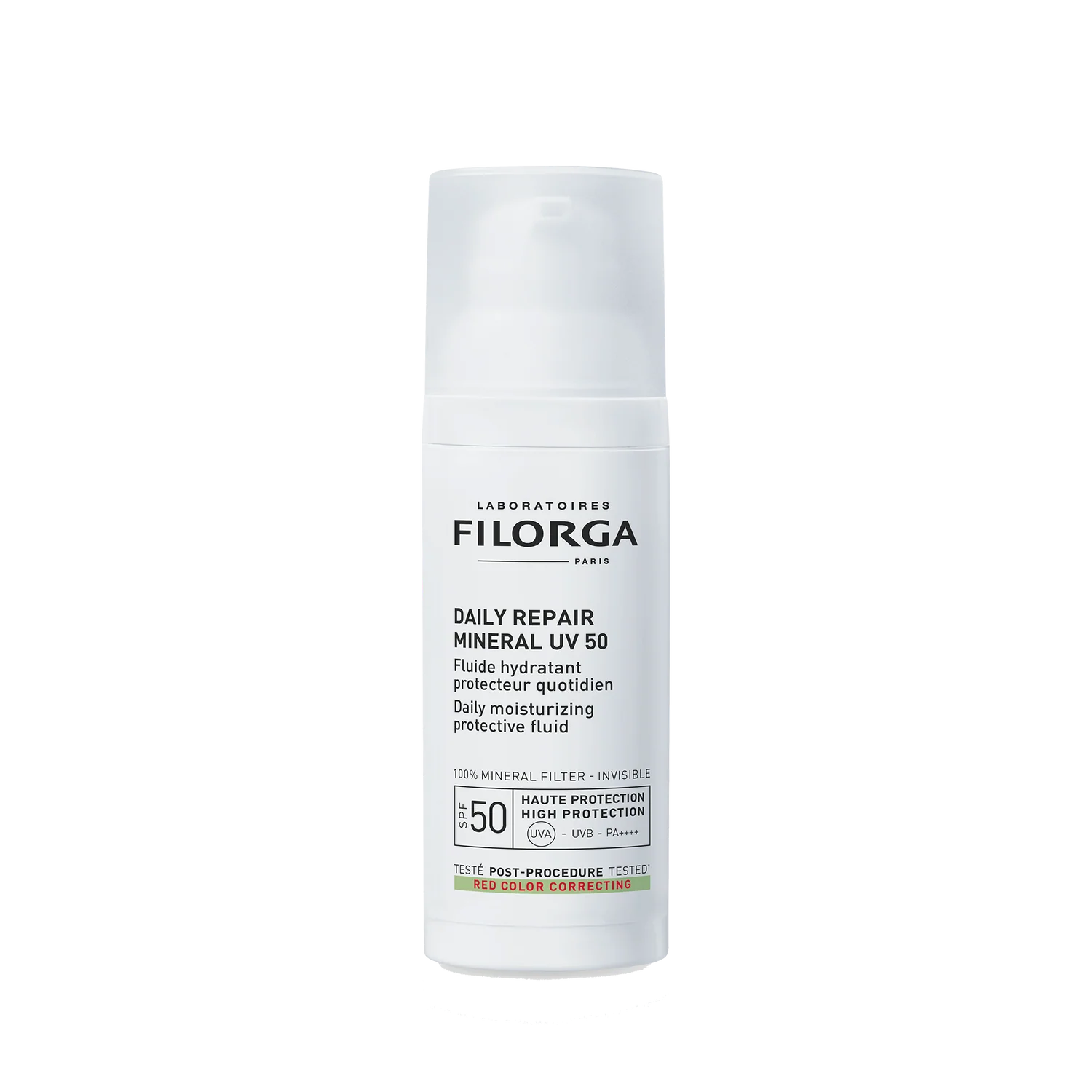 Flacon pompe 50ml Filorga Daily Repair Mineral UV 50 fluide protecteur 100% minéral.