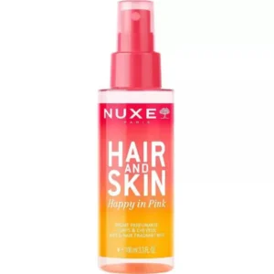 : Flacon spray de 100 ml de la brume parfumante corps et cheveux Nuxe Hair and Skin Happy In Pink aux notes de rose et framboise.