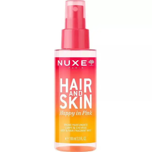 : Flacon spray de 100 ml de la brume parfumante corps et cheveux Nuxe Hair and Skin Happy In Pink aux notes de rose et framboise.