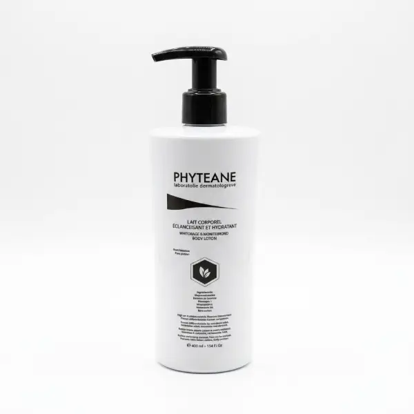 Grand flacon pompe de 400ml de Phyteane Lait Corporel Éclaircissant et Hydratant, soin unifiant anti-taches pour le corps.