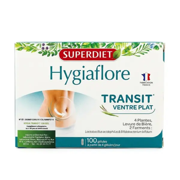 Superdiet Hygiaflore Transit Ventre Plat 100 gélules complément alimentaire confort intestinal et transit