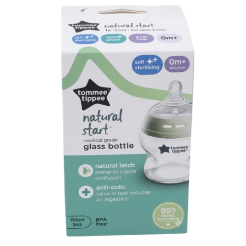 Biberon en verre anti-colique Tommee Tippee Natural Start 150 ml pour nouveau-né.