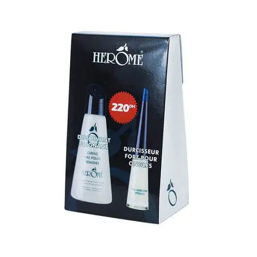 Coffret Herôme Pack Durcisseur Fort pour ongles abîmés et son Dissolvant Soignant doux sans acétone.