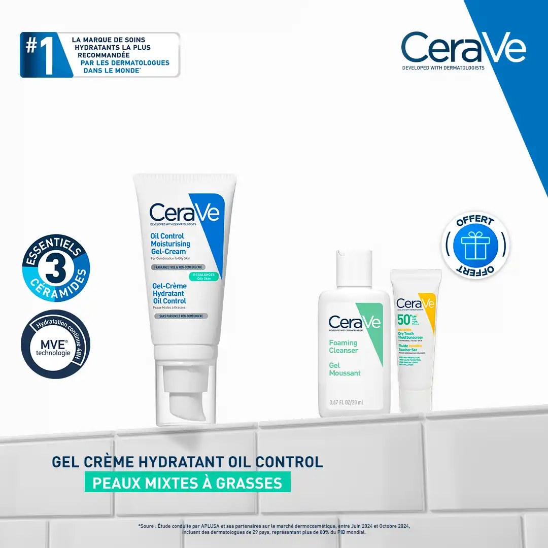 CeraVe Pack Gel-Crème Hydratant Oil Control 52ml pour peaux mixtes à grasses avec soins offerts.