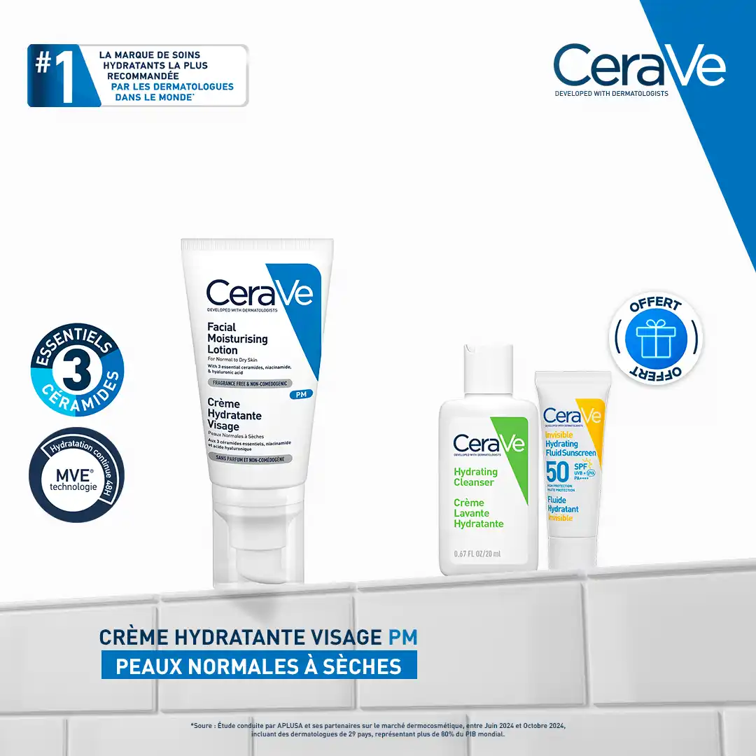 CeraVe Pack Crème Hydratante Visage 52ml pour peaux normales à sèches avec soins offerts.