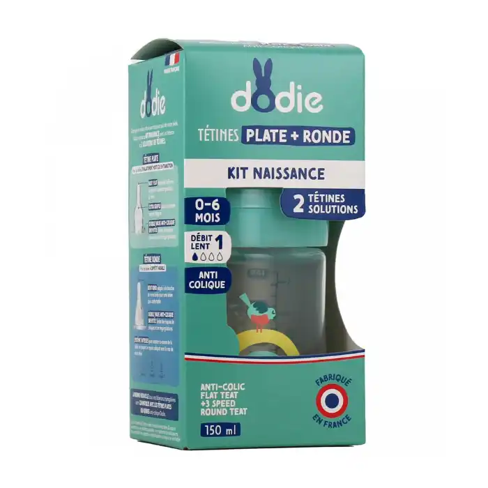 Dodie Biberon Tétines Plate et Ronde 150ml 0-6 Mois avec valve anti-colique.