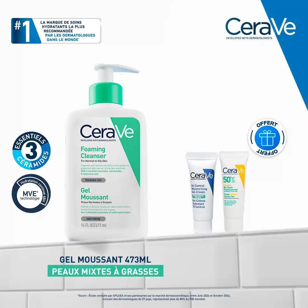 CeraVe Pack Gel Moussant 473ml pour peaux normales à grasses avec soins offerts.