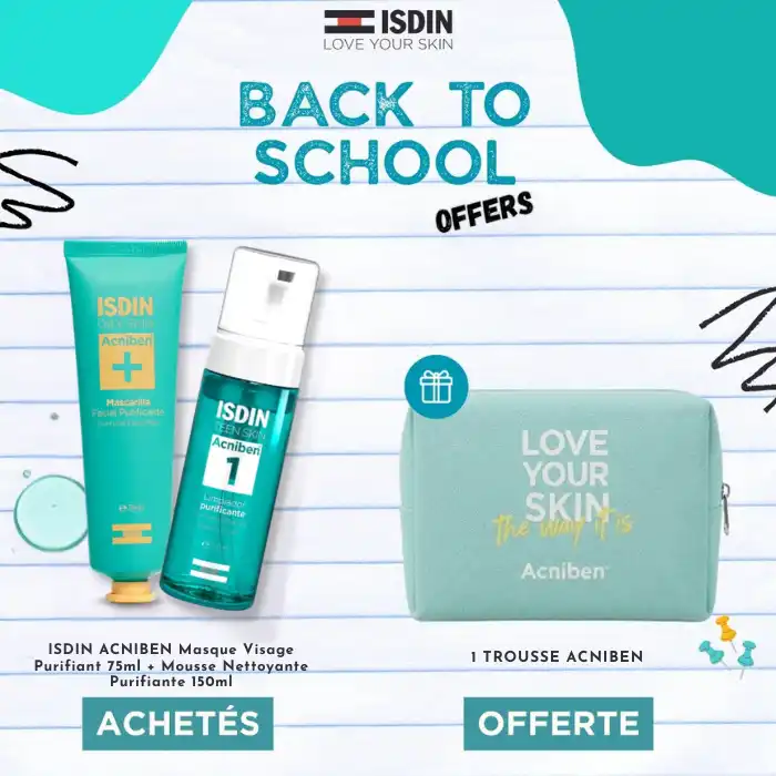 ISDIN ACNIBEN Masque Visage Purifiant 75ml + Mousse Nettoyante Purifiante 150ml avec Trousse Offerte