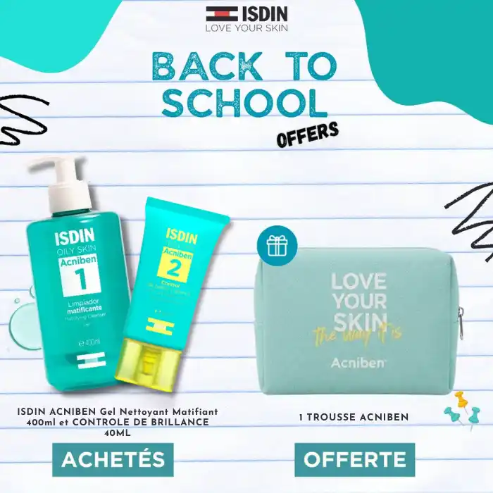 ISDIN ACNIBEN Gel Nettoyant Matifiant 400ml + CONTROLE DE BRILLANCE 40ML = Trousse ACNIBEN Offerte