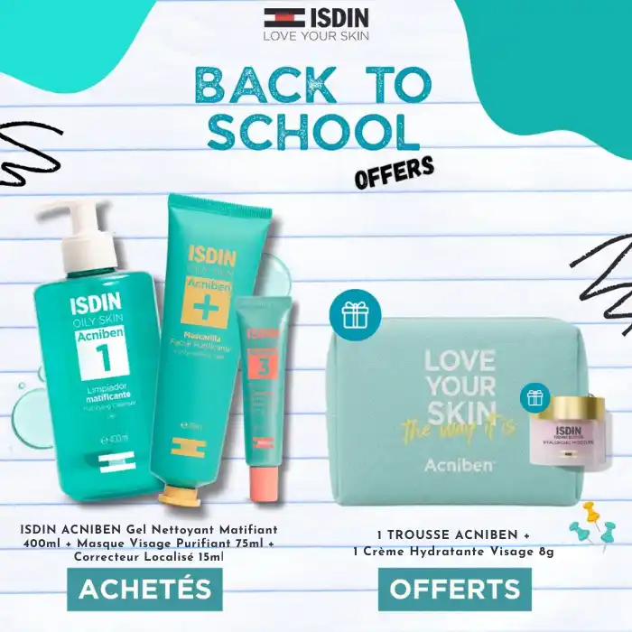 ISDIN ACNIBEN Gel Nettoyant 400ml + Masque 75ml + Correcteur 15ml avec trousses offertes.