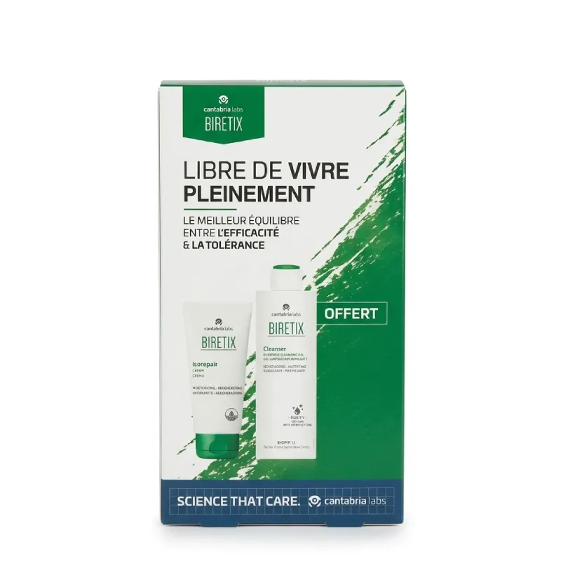 Pack Biretix Isorepair Crème 50 ml + Gel Nettoyant Purifiant 200 ml Offert coffret soin réparateur peau sous traitement acné