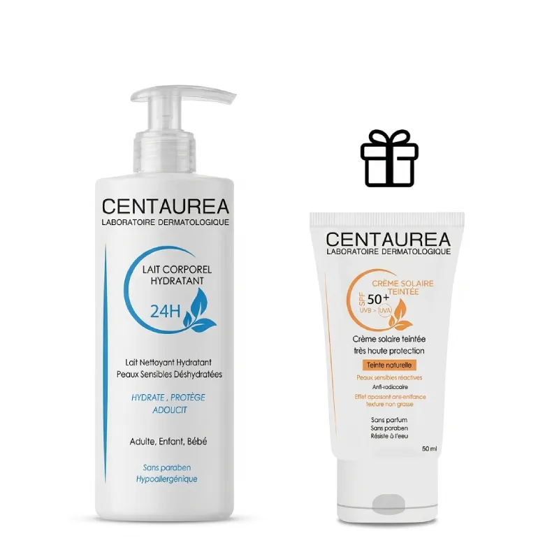 Pack Centaurea Lait Corporel Hydratant 500ml + Crème Solaire Teintée SPF 50+ 50ml Offert coffret soin hydratant corps et écran solaire teinté