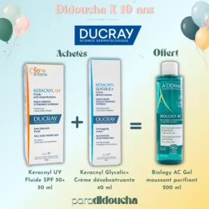 Ducray Keracnyl UV Fluide Anti-Imperfections SPF 50+ 50 ml + Ducray Keracnyl Glycolic+ Crème Désobstruante 40 ml = A-Derma Biology AC Gel Moussant Purifiant 200 ml Offert – Image 1