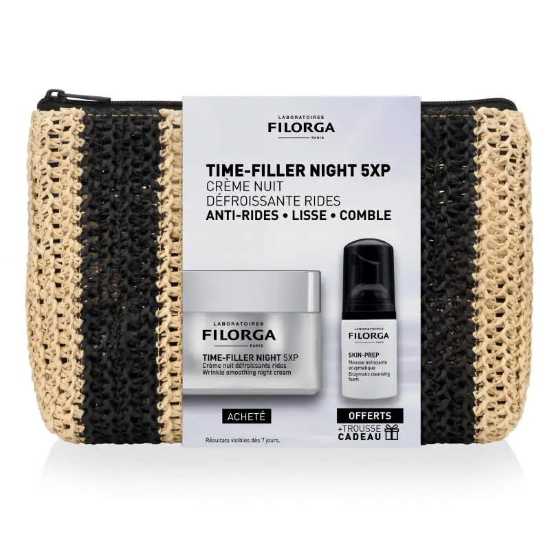 Filorga Time-Filler Night 5XP coffret crème nuit défroissante rides mousse skin-prep et trousse offerte en Parapharmacie