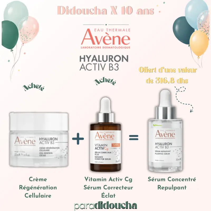 Avène Hyaluron Activ B3 coffret avec crème régénération cellulaire sérum éclat Cg et sérum repulpant offert en Parapharmacie